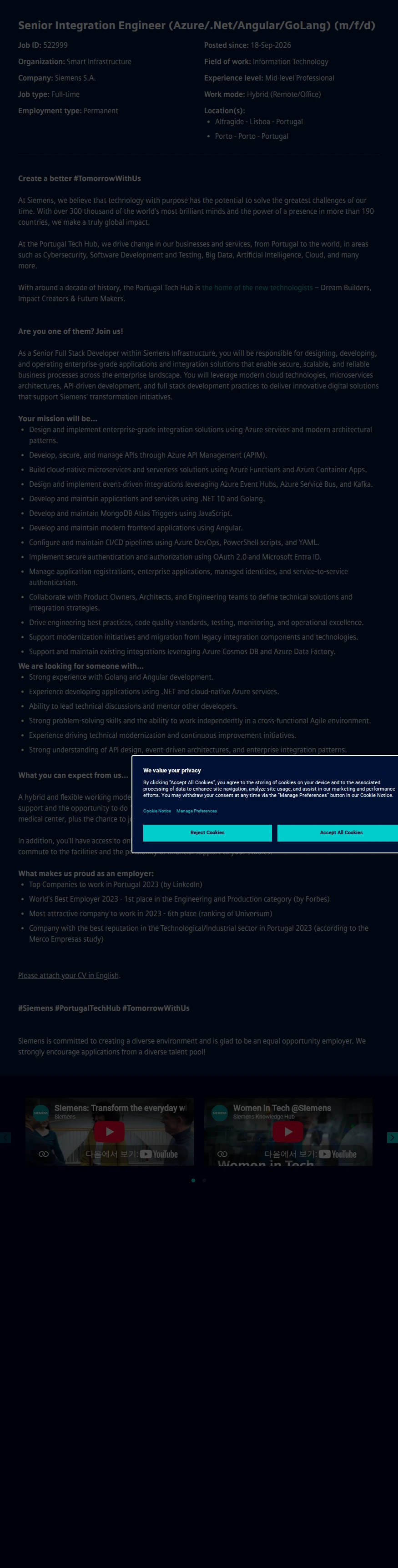 지멘스 Senior Integration Engineer (Azure/.Net/Angular/GoLang) (m/f/d) 채용공고