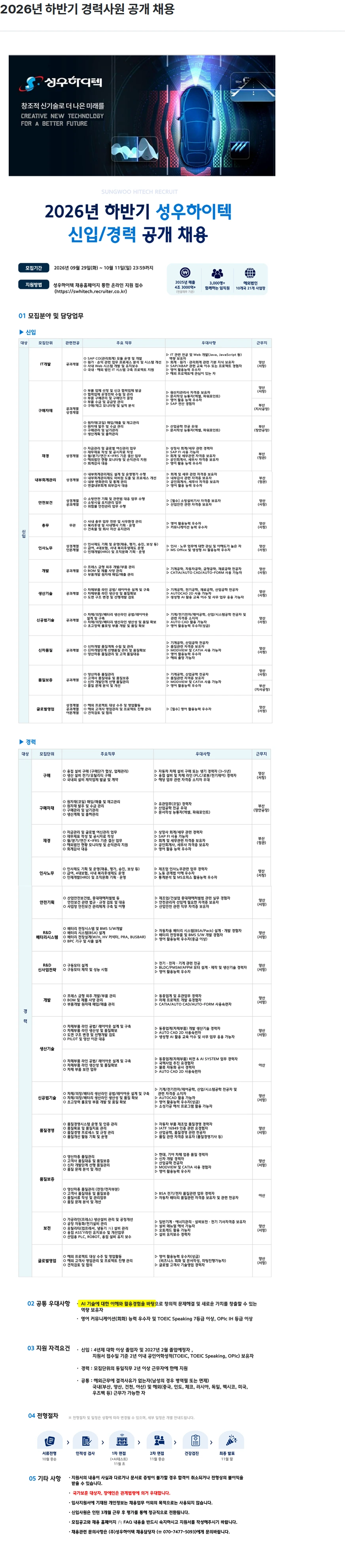 성우하이텍 2026년 하반기 경력사원 공개 채용 채용공고