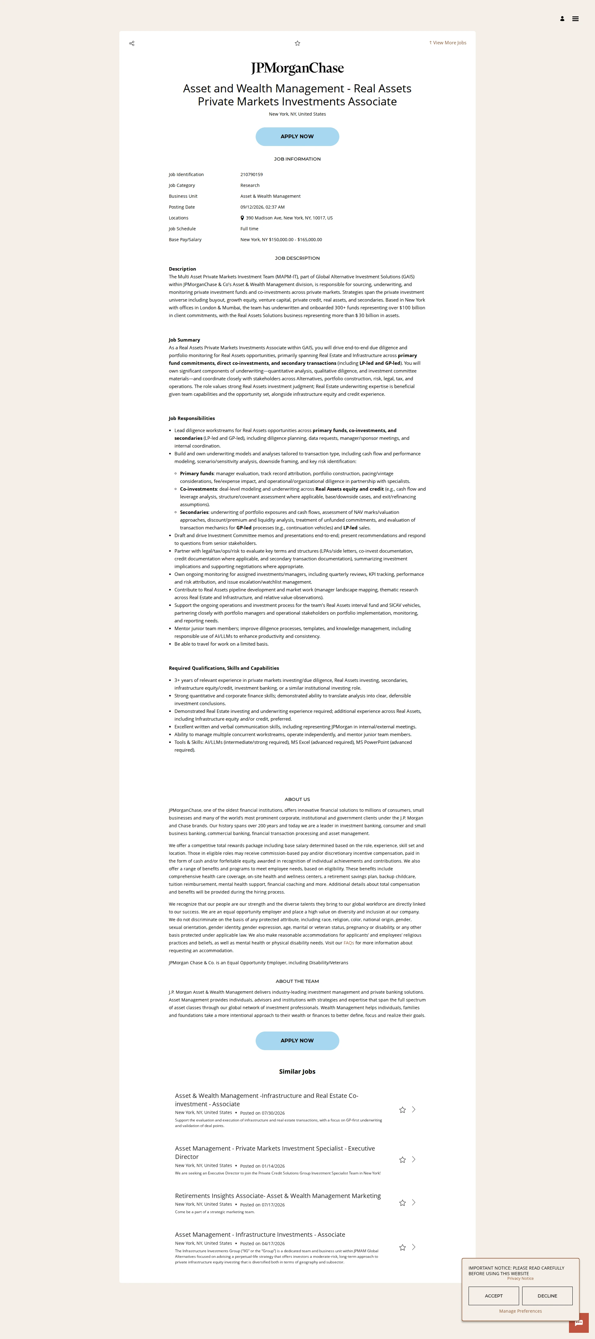 JPMorganChase Asset and Wealth Management - Real Assets Private Markets Investments Associate 채용공고