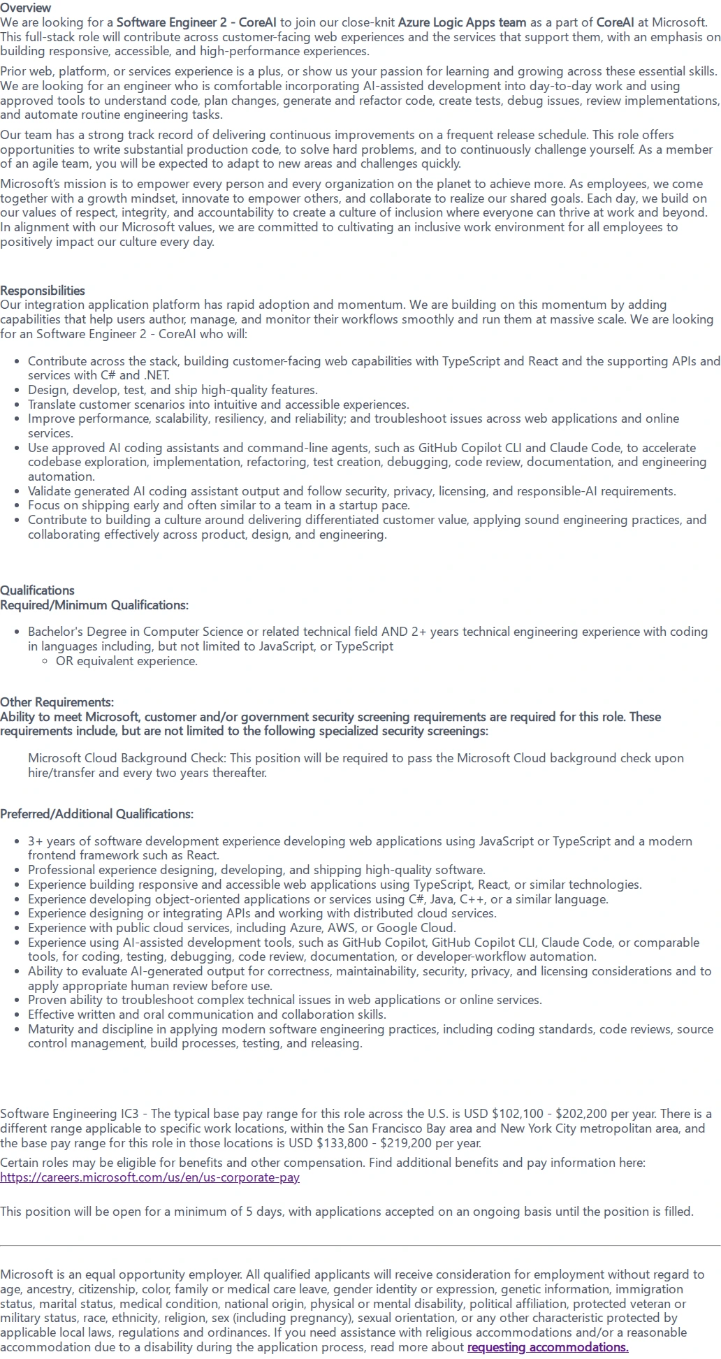 마이크로소프트(Microsoft) Software Engineer 2 - CoreAI 채용공고