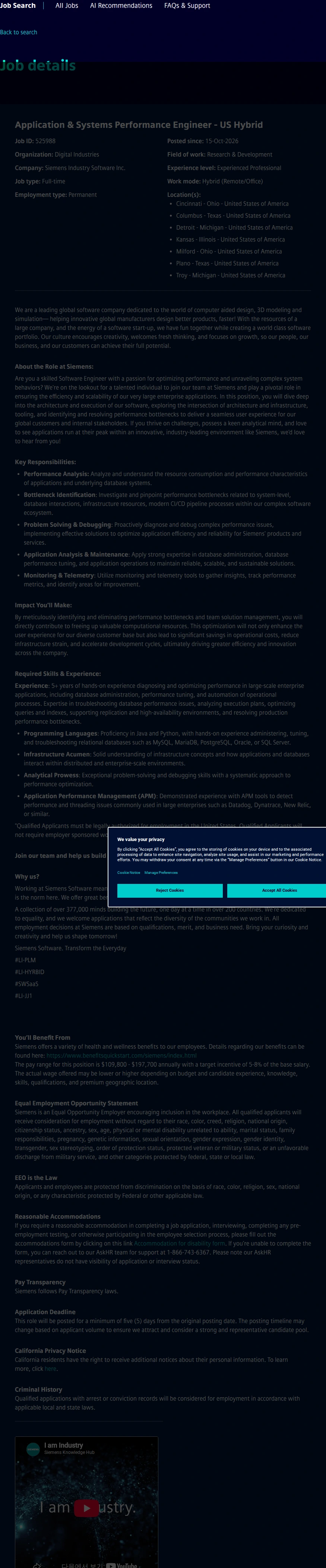 지멘스 Application & Systems Performance Engineer - US Hybrid 채용공고