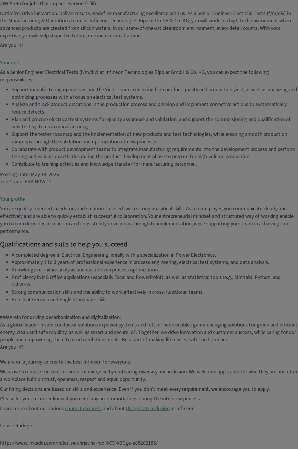 인피니언테크놀로지스코리아 Senior Engineer electrical Tests (f/m/div) 채용공고