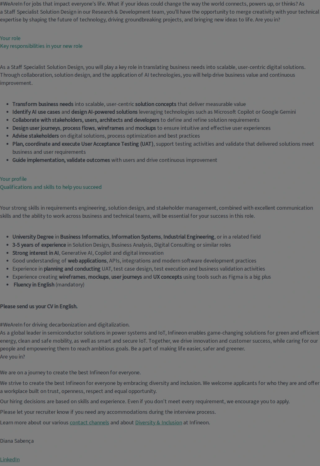 인피니언테크놀로지스코리아 Staff Specialist - Requirements & Design (f/m/div) 채용공고