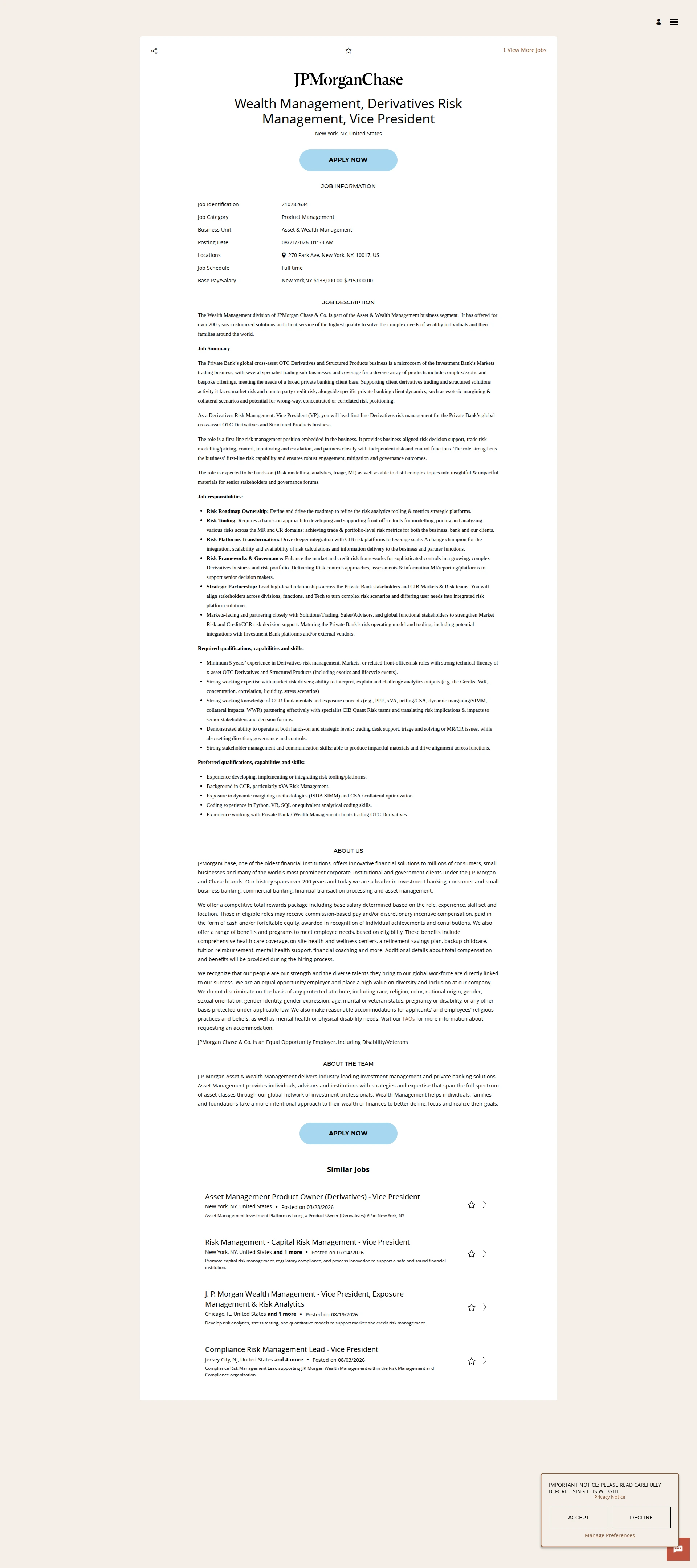 JPMorganChase Wealth Management, Derivatives Risk Management, Vice President 채용공고