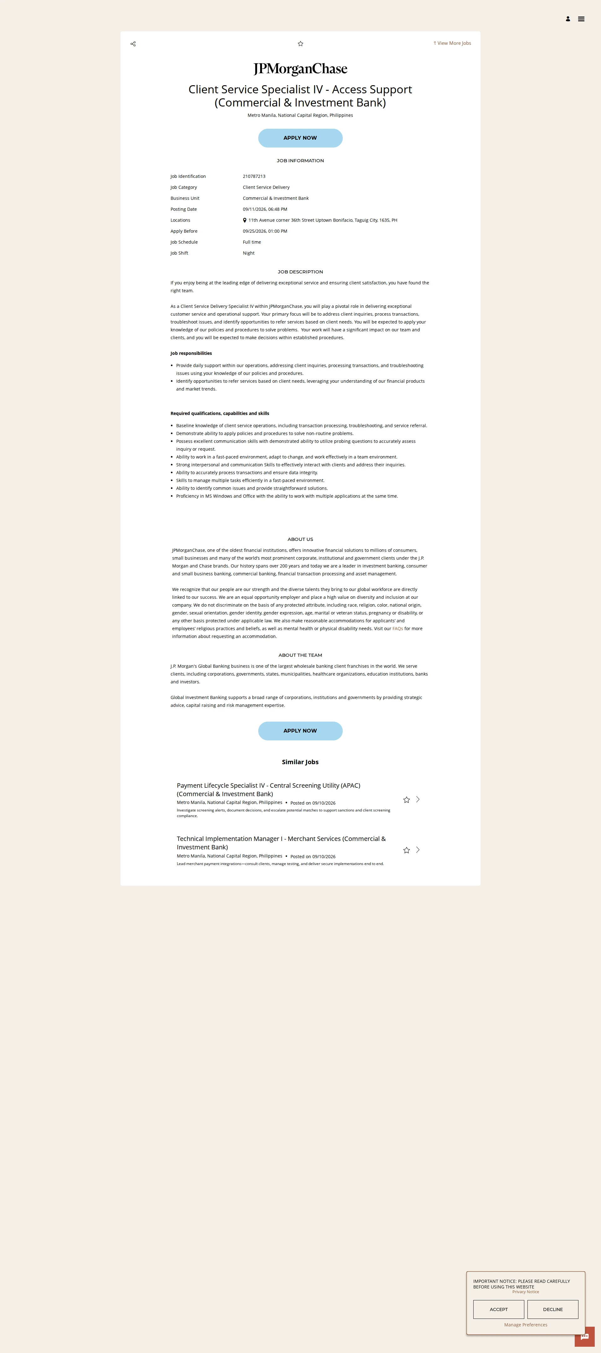 JPMorganChase Client Service Specialist IV - Access Support (Commercial & Investment Bank) 채용공고