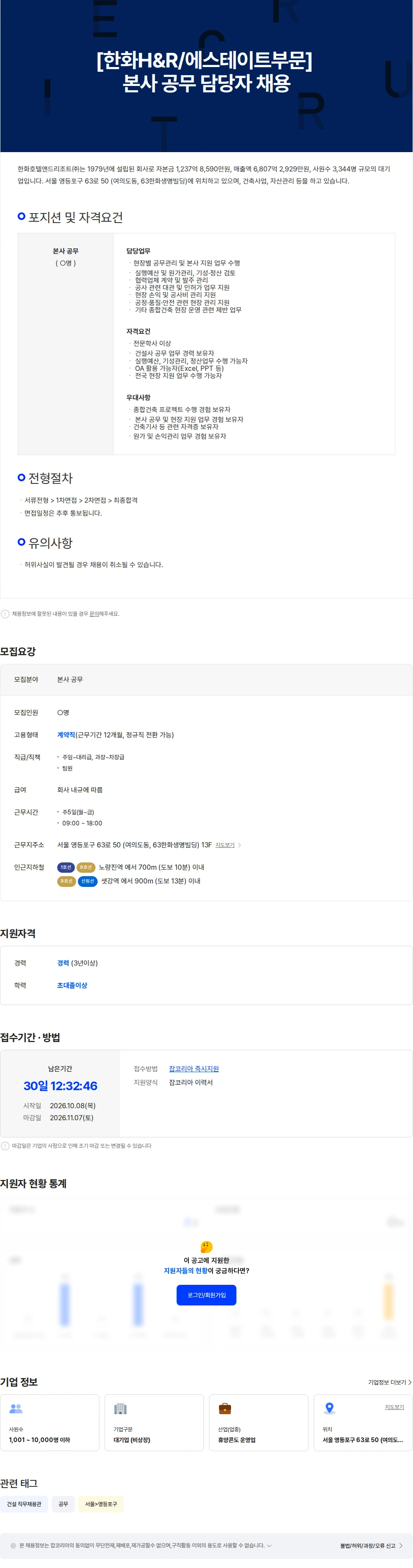 한화호텔앤드리조트 [한화H&R/에스테이트부문] 본사 공무 담당자 채용 채용공고