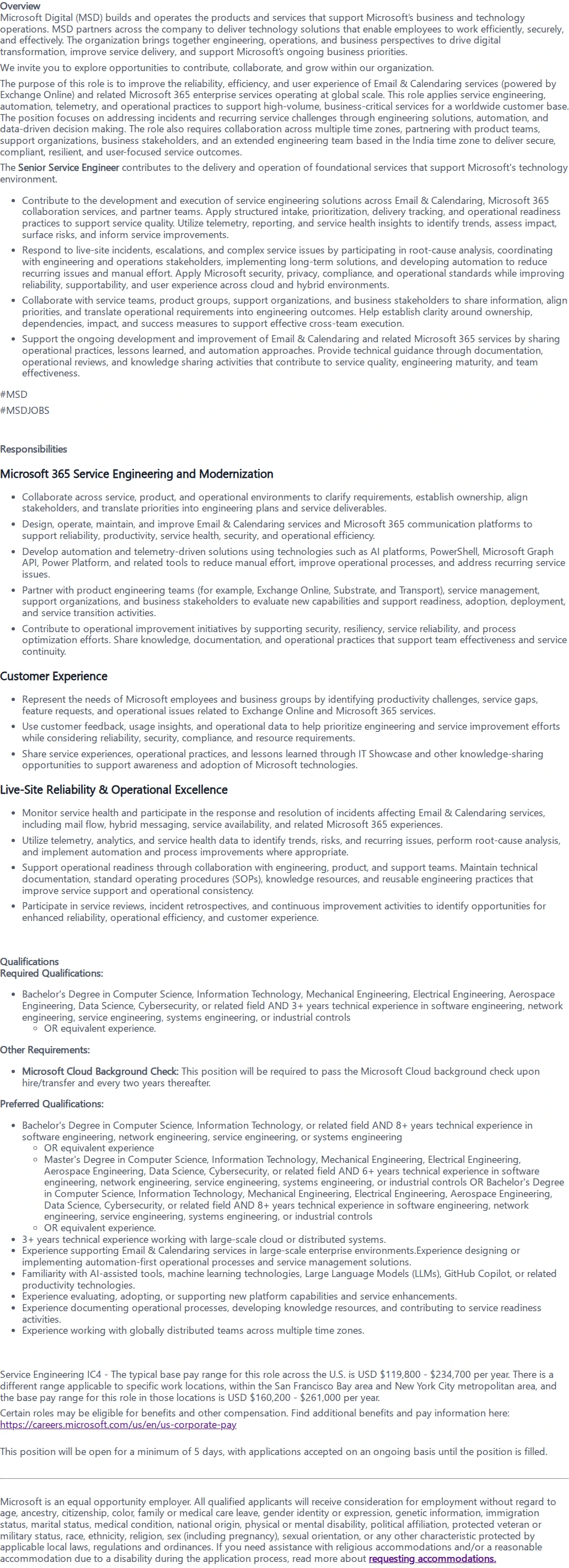 마이크로소프트(Microsoft) Senior Service Engineer 채용공고