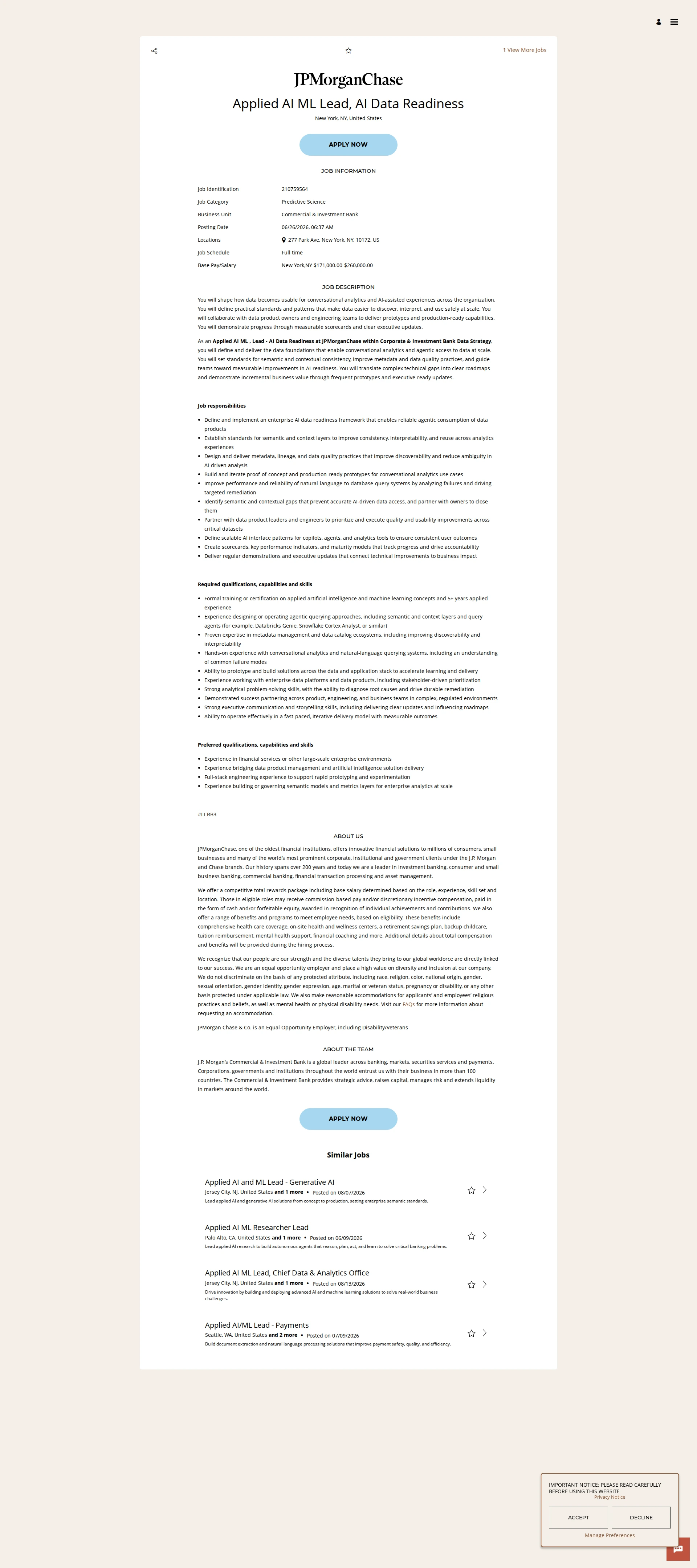 JPMorganChase Applied AI ML Lead, AI Data Readiness 채용공고