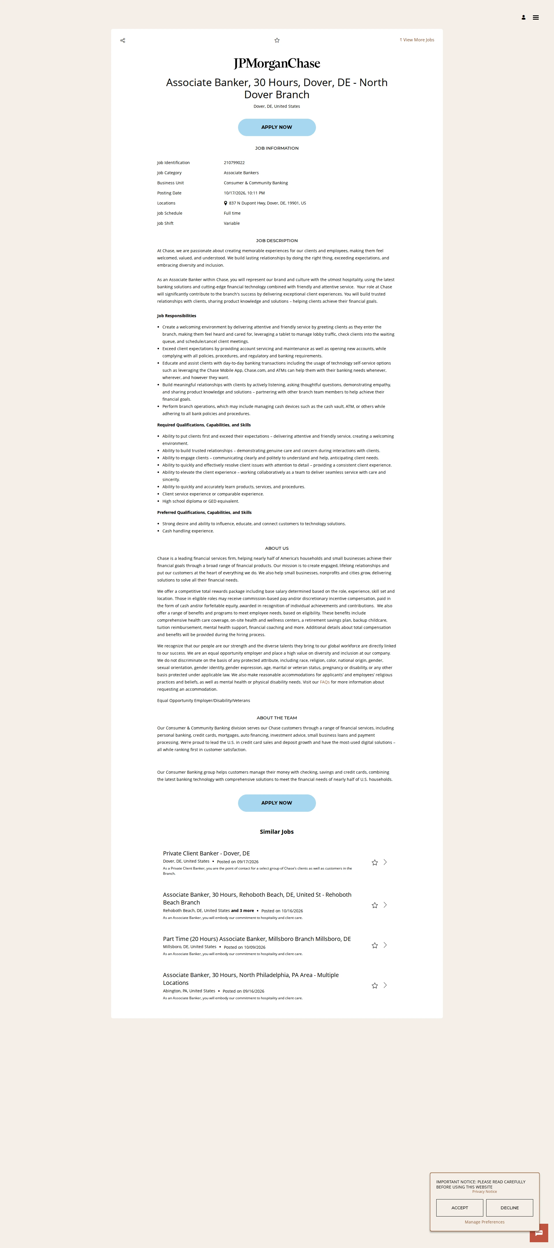 JPMorganChase Associate Banker, 30 Hours, Dover, DE - North Dover Branch 채용공고