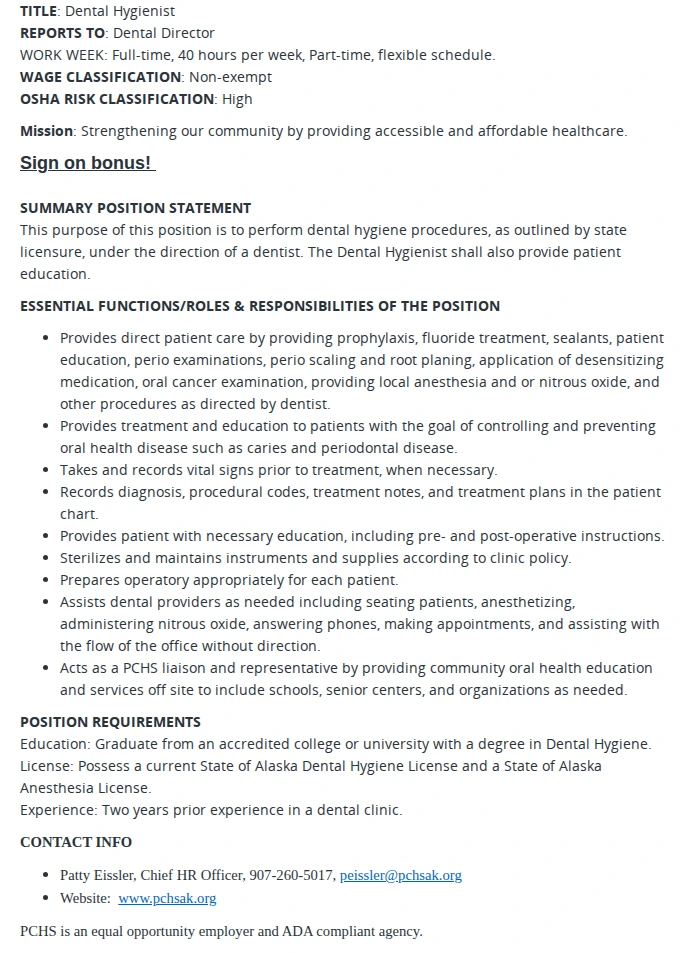Peninsula Community Health Services of Alaska Dental Hygienist - Part-time OR Full-time 채용공고