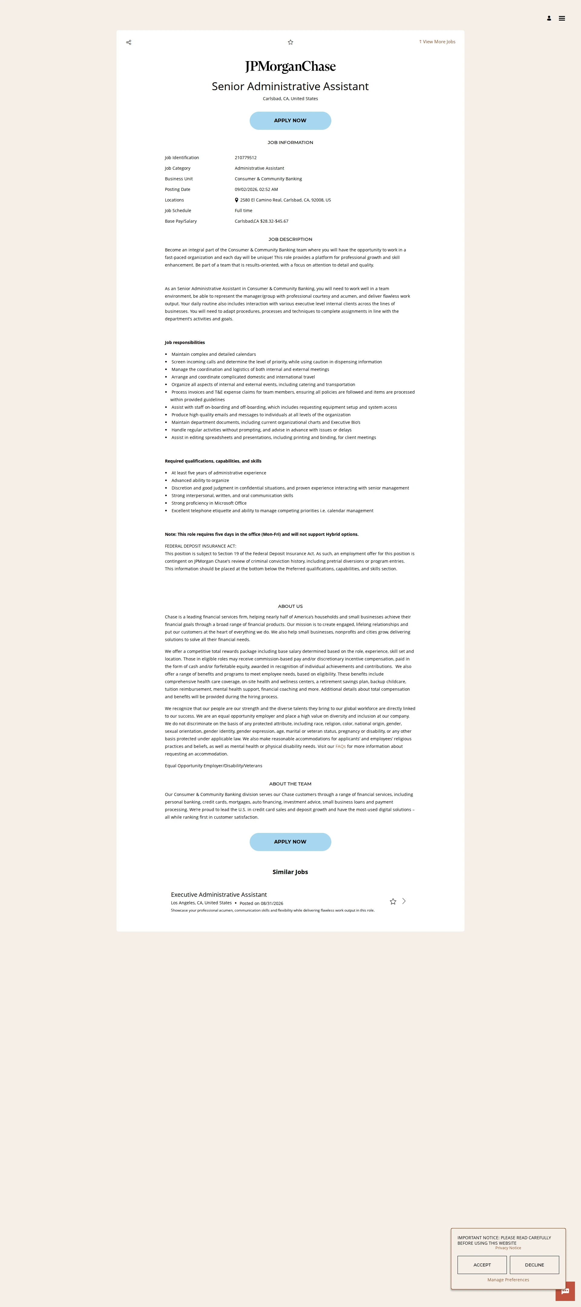 JPMorganChase Senior Administrative Assistant 채용공고
