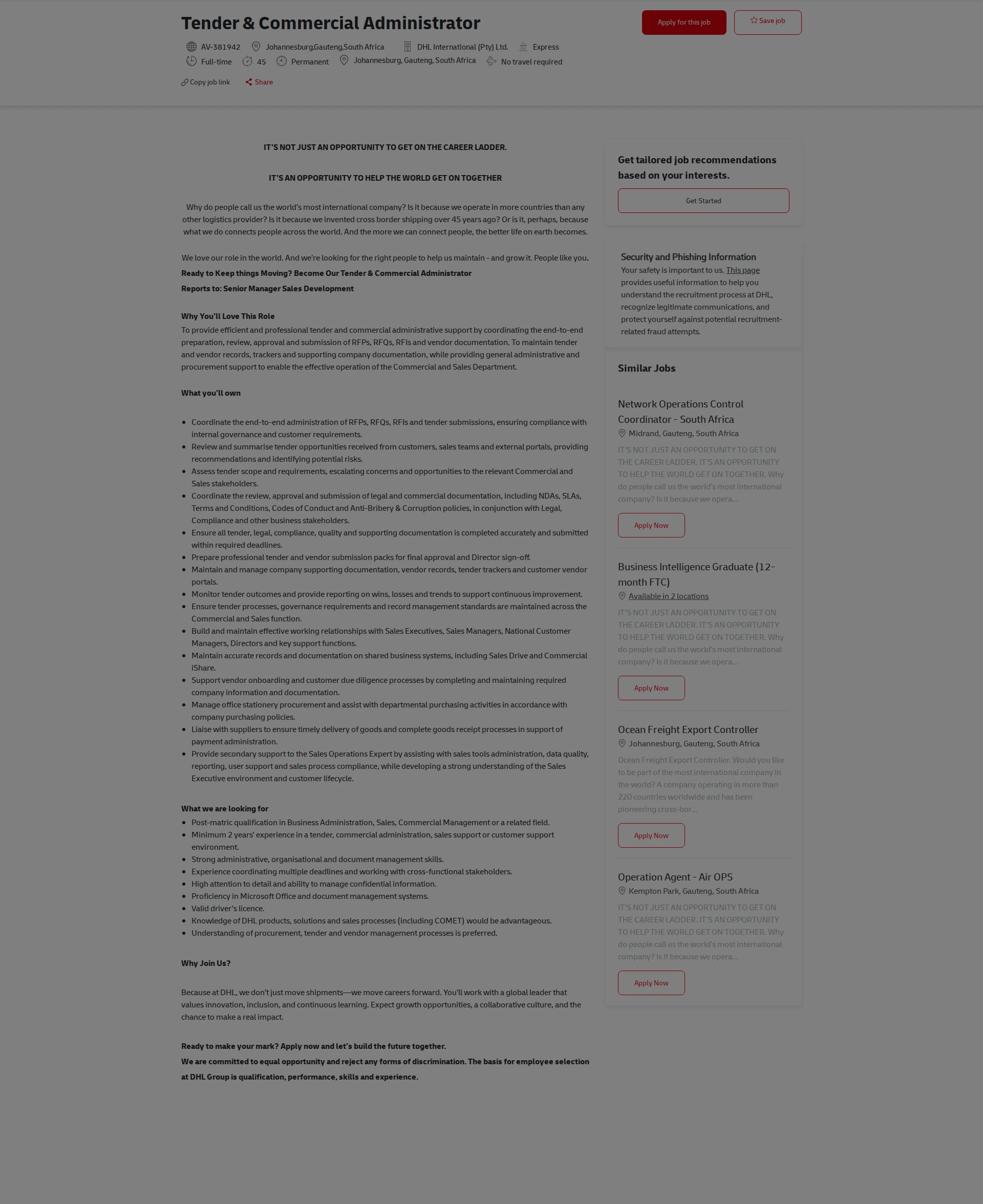 DHL Tender & Commercial Administrator 채용공고