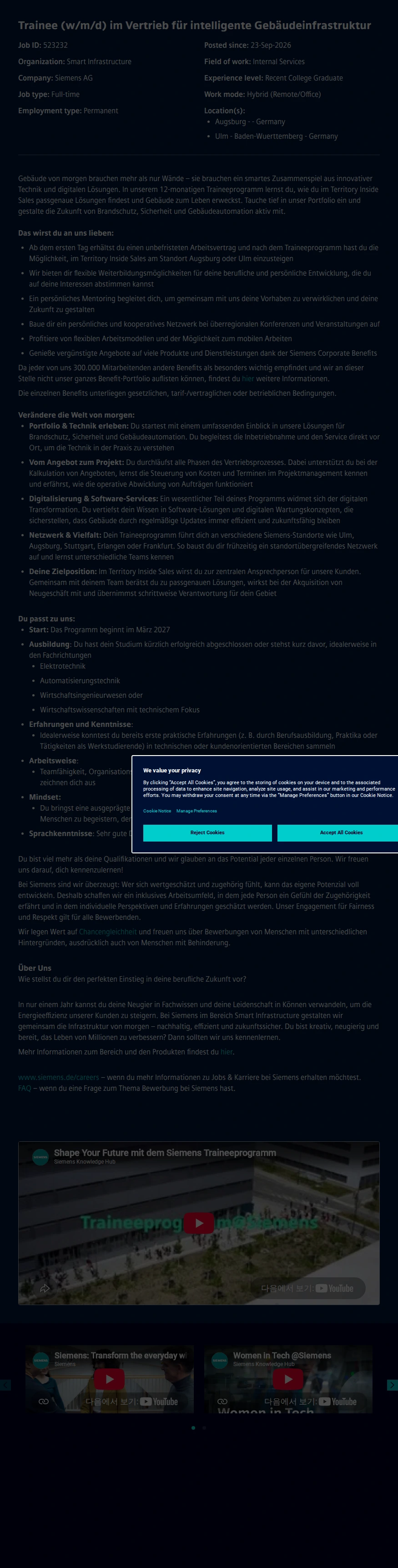 지멘스 Trainee (w/m/d) im Vertrieb für intelligente Gebäudeinfrastruktur 채용공고