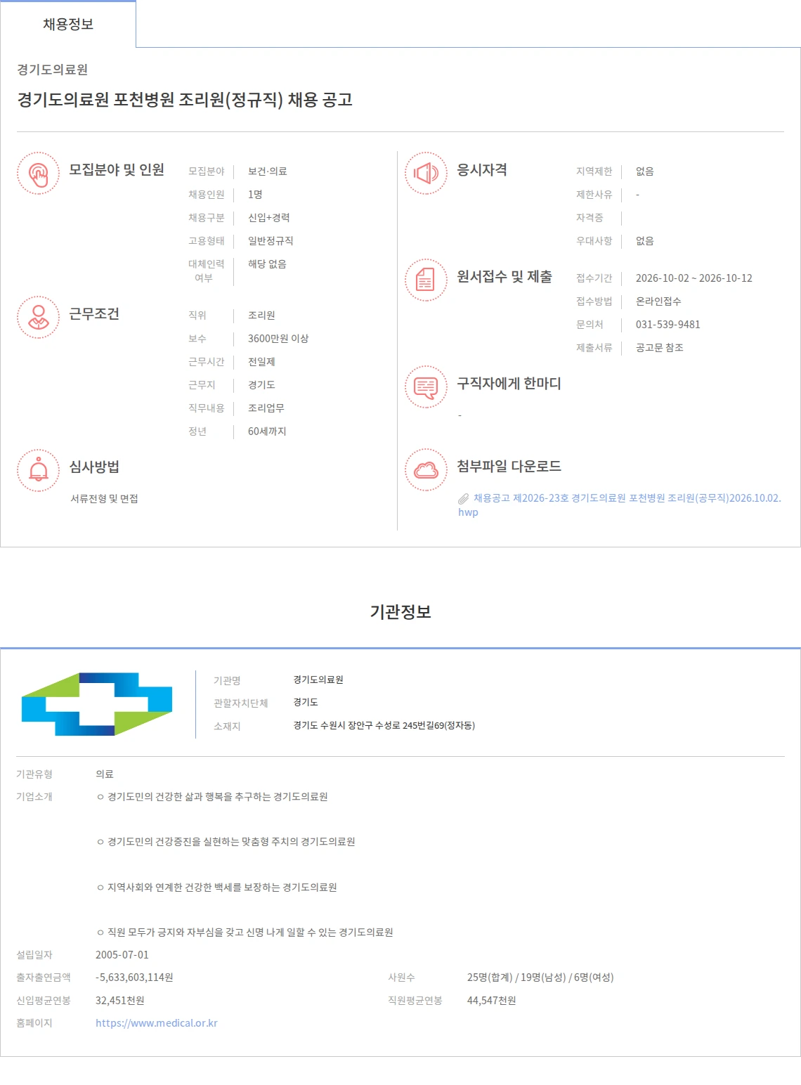 경기도의료원 경기도의료원 포천병원 조리원(정규직) 채용 공고 채용공고