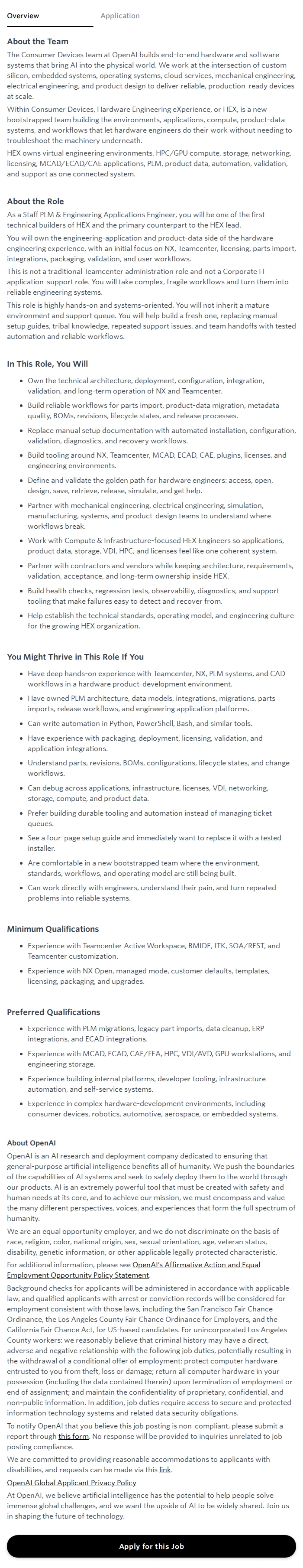 오픈에이아이(OpenAI) Staff PLM & Engineering Applications Engineer, Consumer Devices 채용공고
