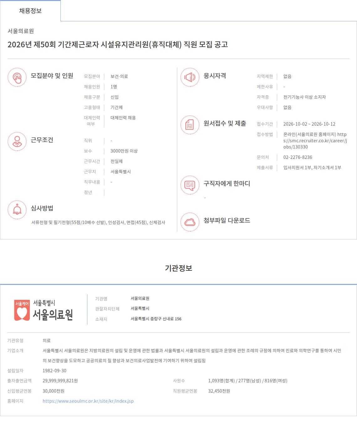 서울의료원 2026년 제50회 기간제근로자 시설유지관리원(휴직대체) 직원 모집 공고 채용공고