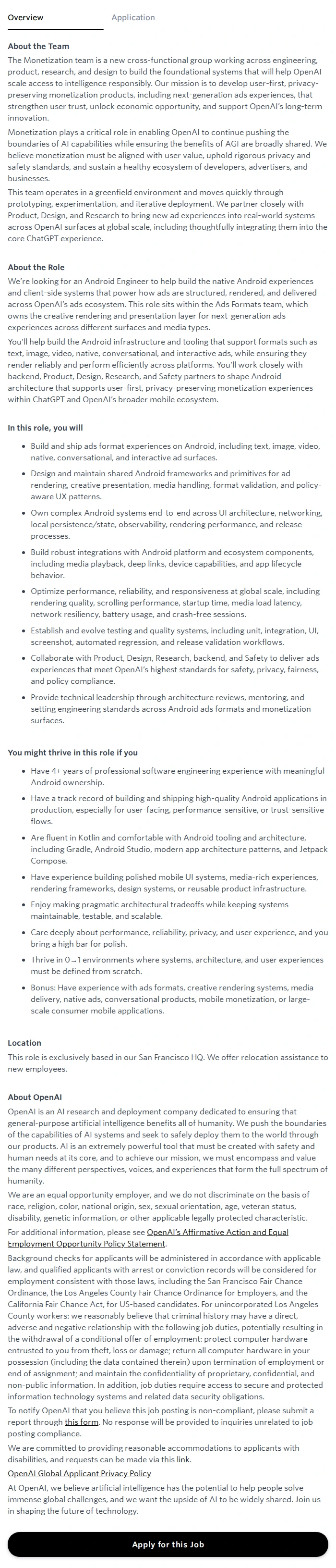 오픈에이아이(OpenAI) Android Engineer, Ad Formats 채용공고