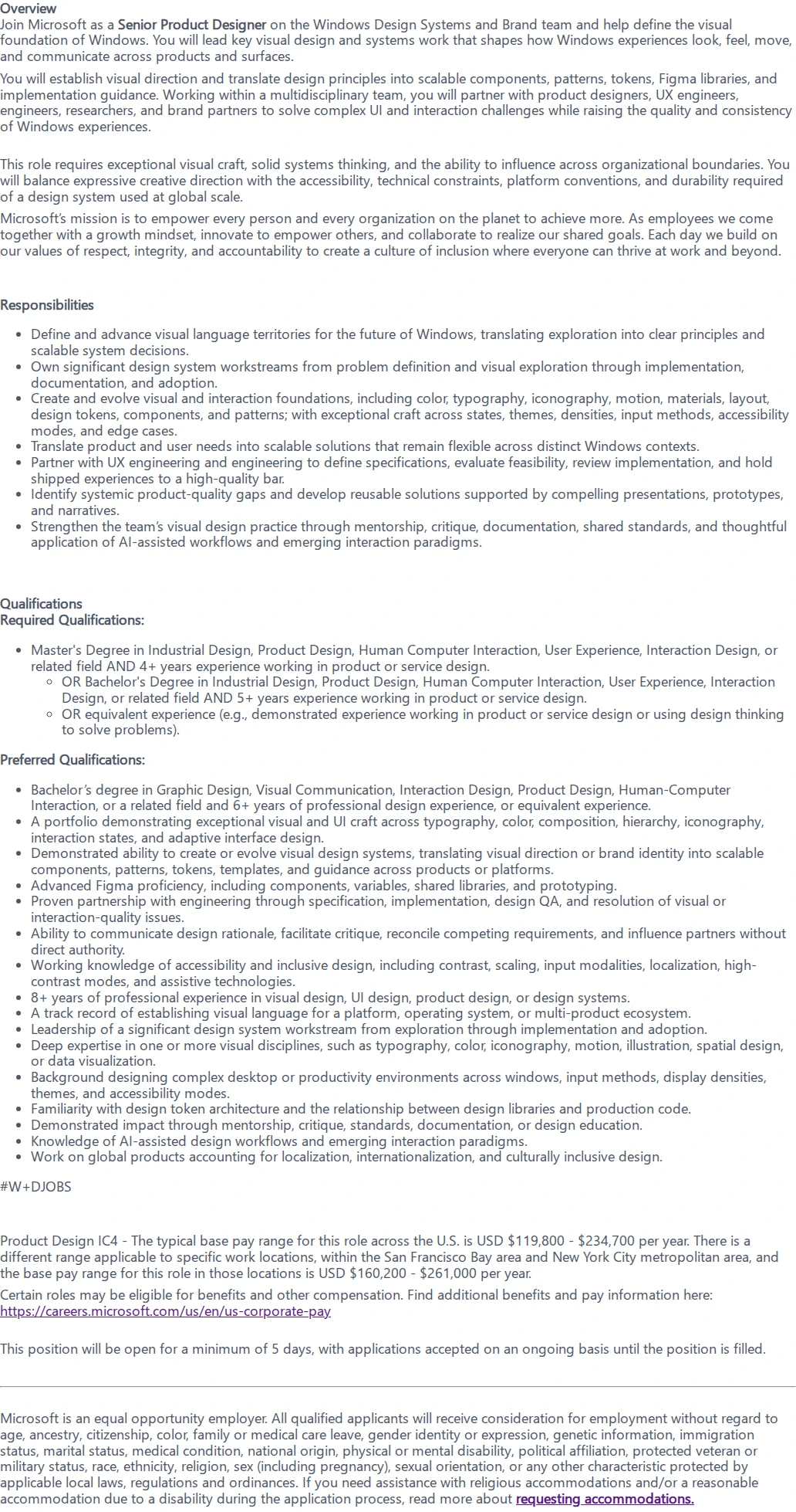 마이크로소프트(Microsoft) Senior Product Designer, Design Systems, Windows 채용공고