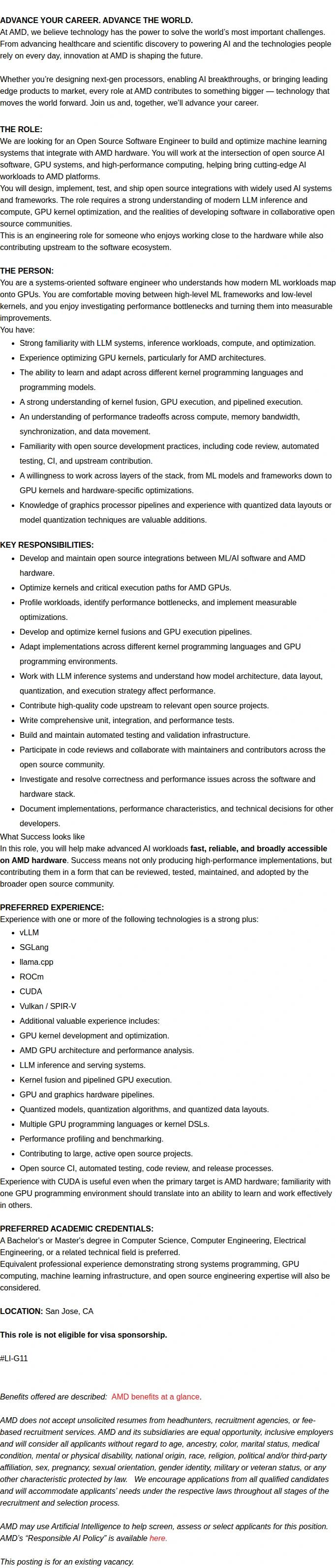 AMD Open Source Software Engineer — ML Systems & AMD Hardware 채용공고