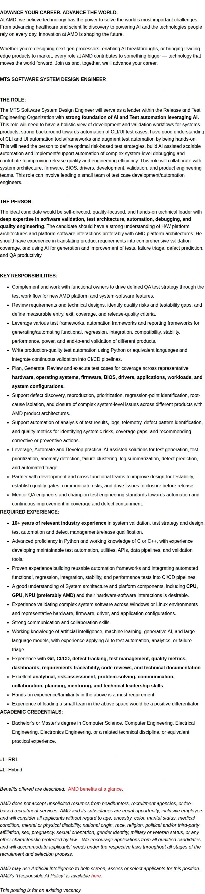 AMD Automation Lead - GUI Test Framework Lead 채용공고