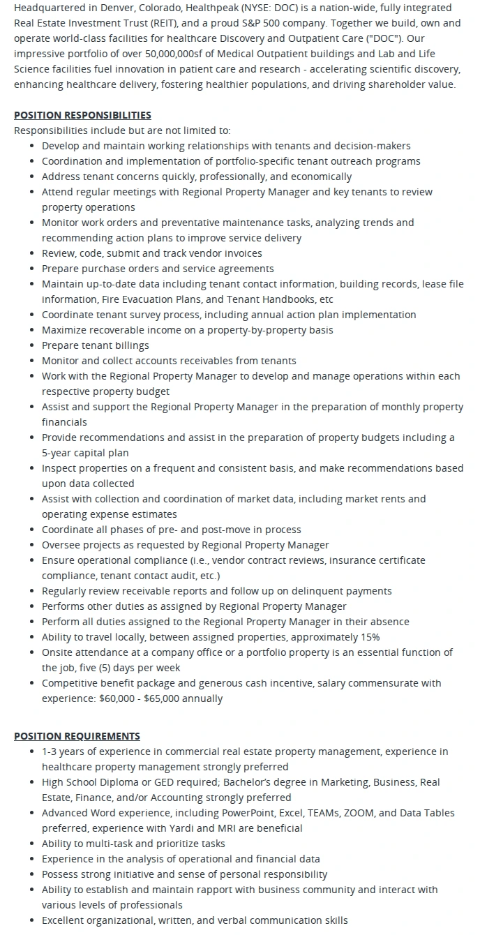 Healthpeak Properties, Inc. Commercial Assistant Property Manager 채용공고