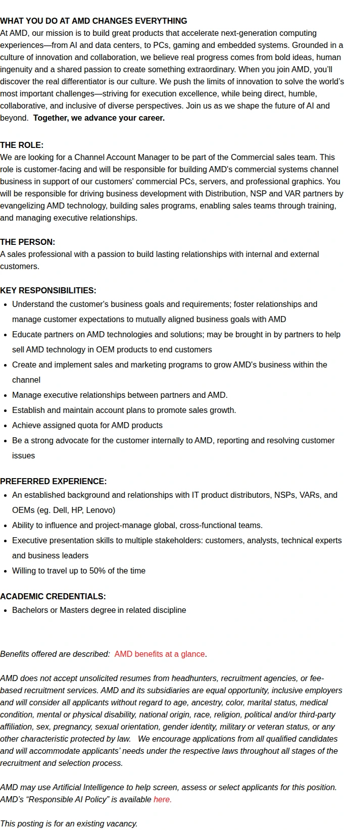AMD Commercial Sales Account Manager 채용공고