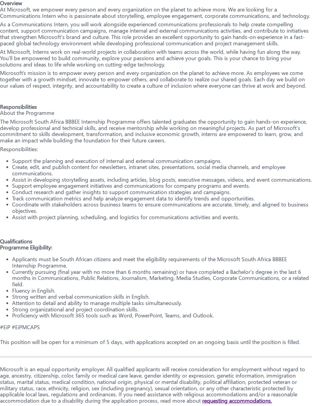마이크로소프트(Microsoft) Comm Mgr - BBBEE Internship 채용공고