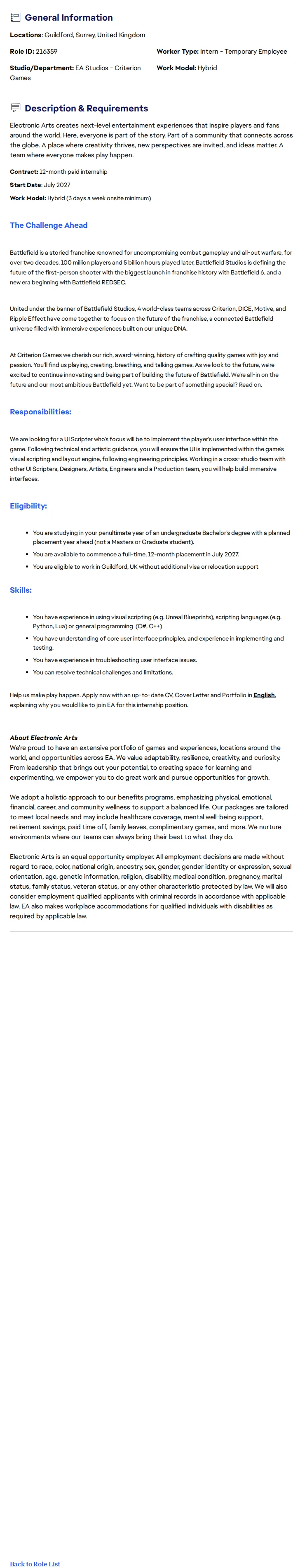 ElectronicArts UI Scripter Intern 채용공고