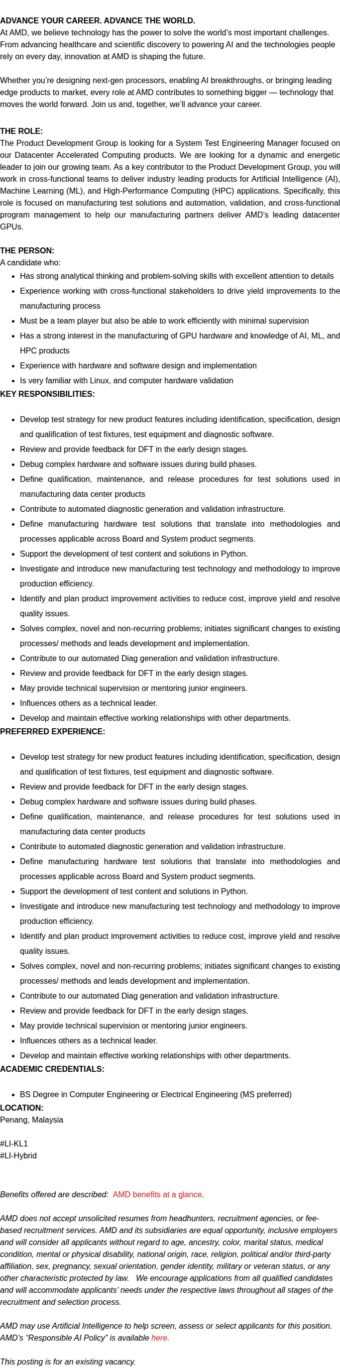 AMD Test Engineering Manager 채용공고