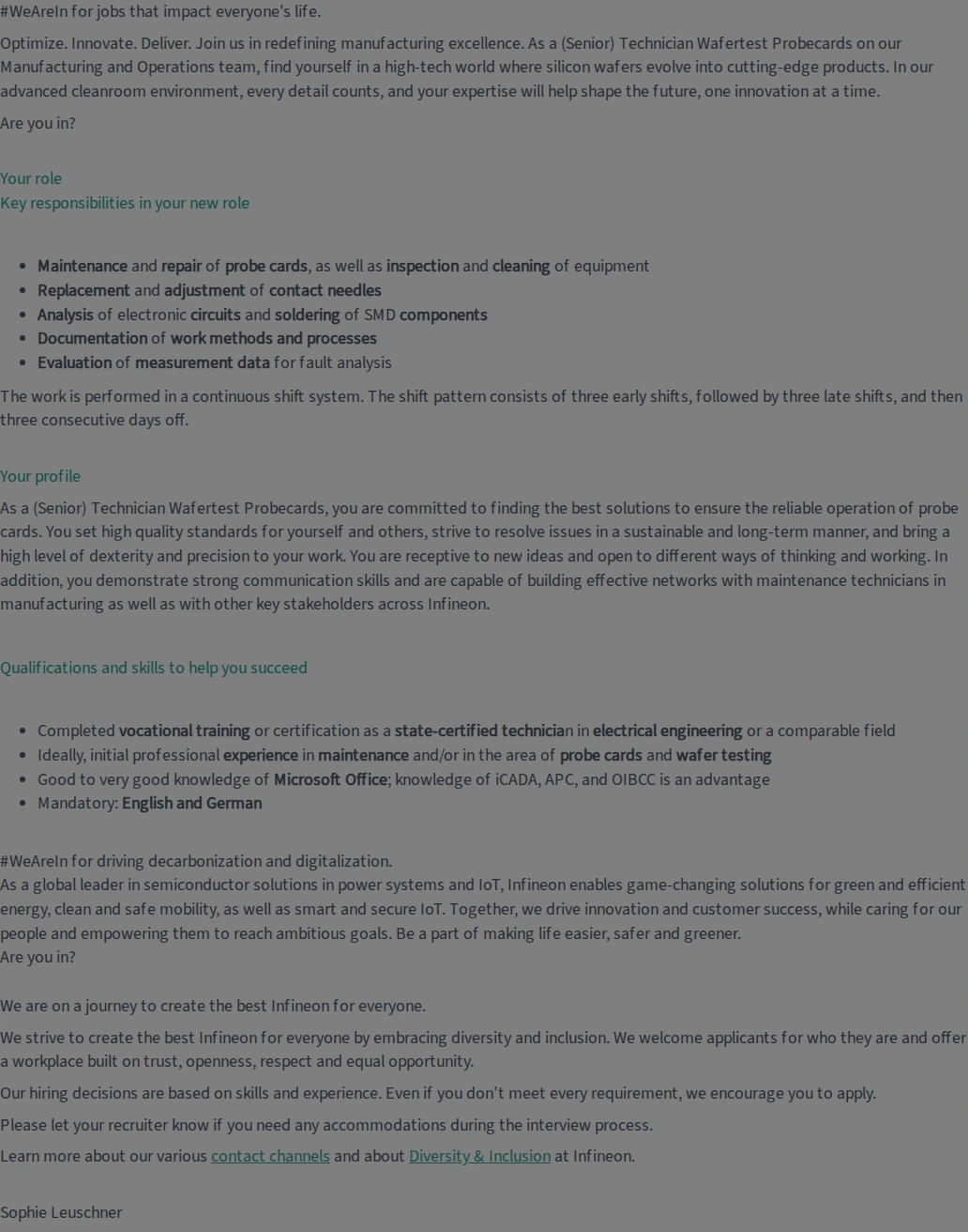 인피니언 (Senior) Technician Wafertest Probecards (f/m/div) 채용공고