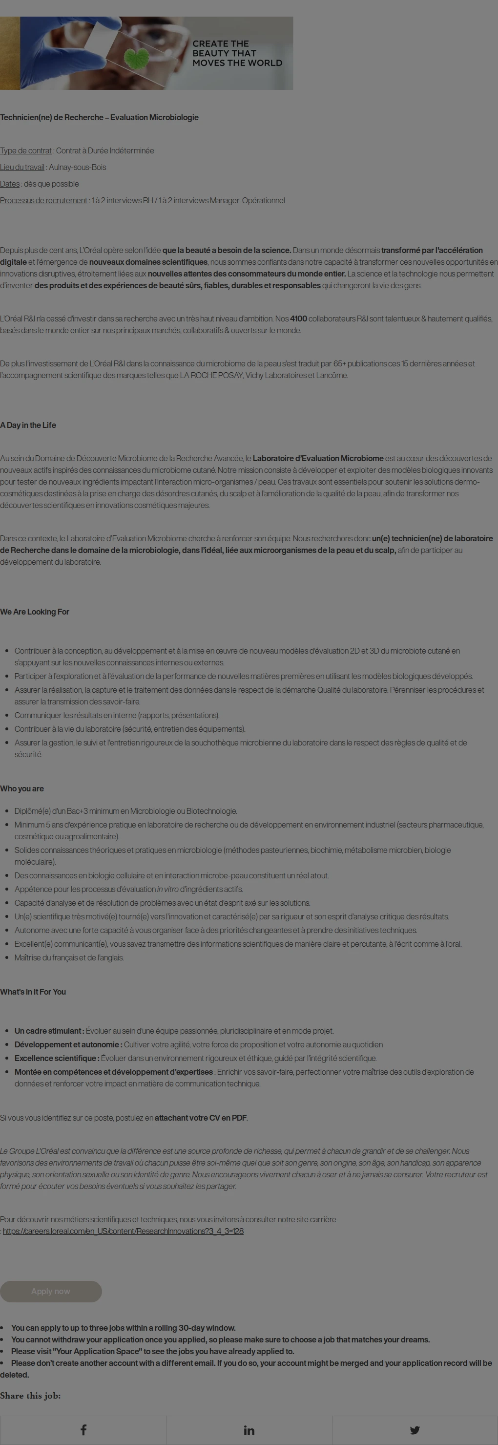 로레알(L'Oreal) CDI - Technicien(ne) de Recherche - Evaluation Microbiologie 채용공고
