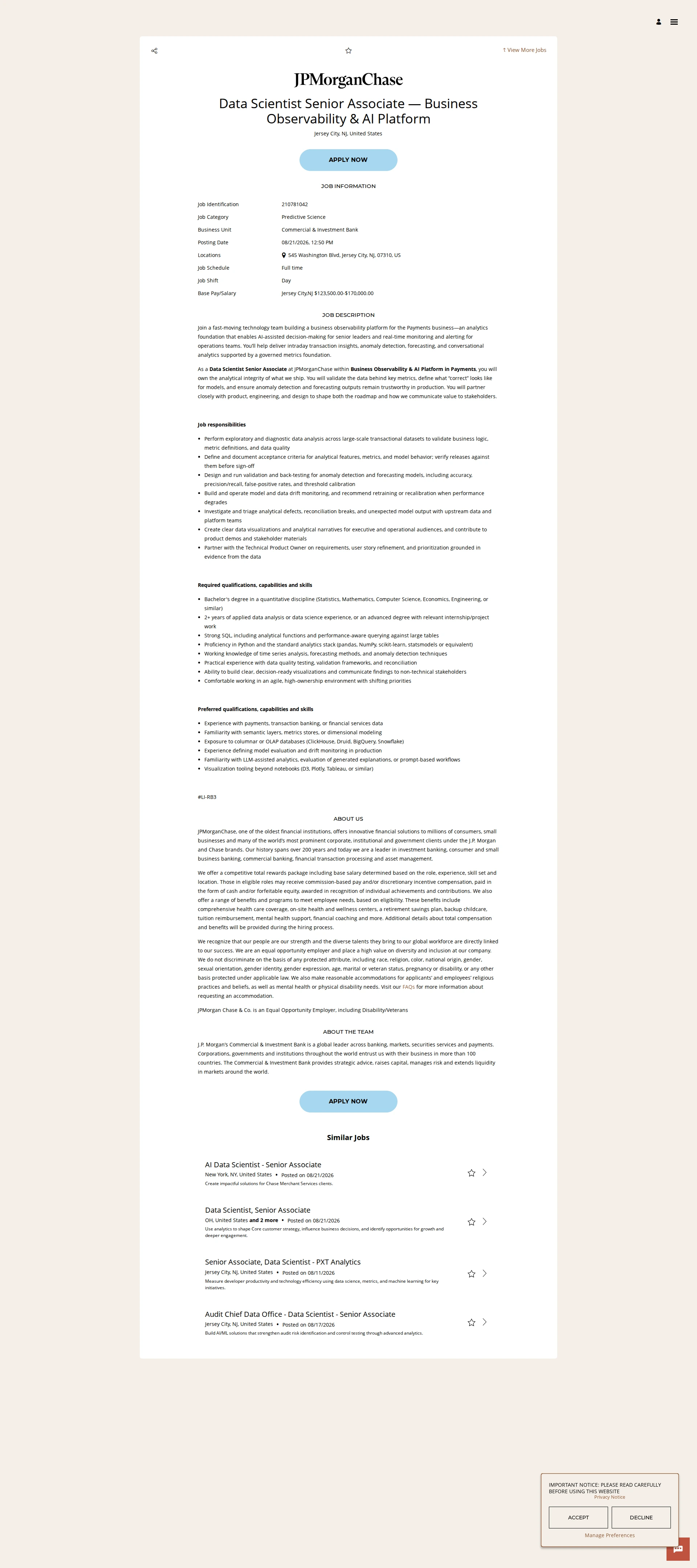 JPMorganChase Data Scientist Senior Associate — Business Observability & AI Platform 채용공고