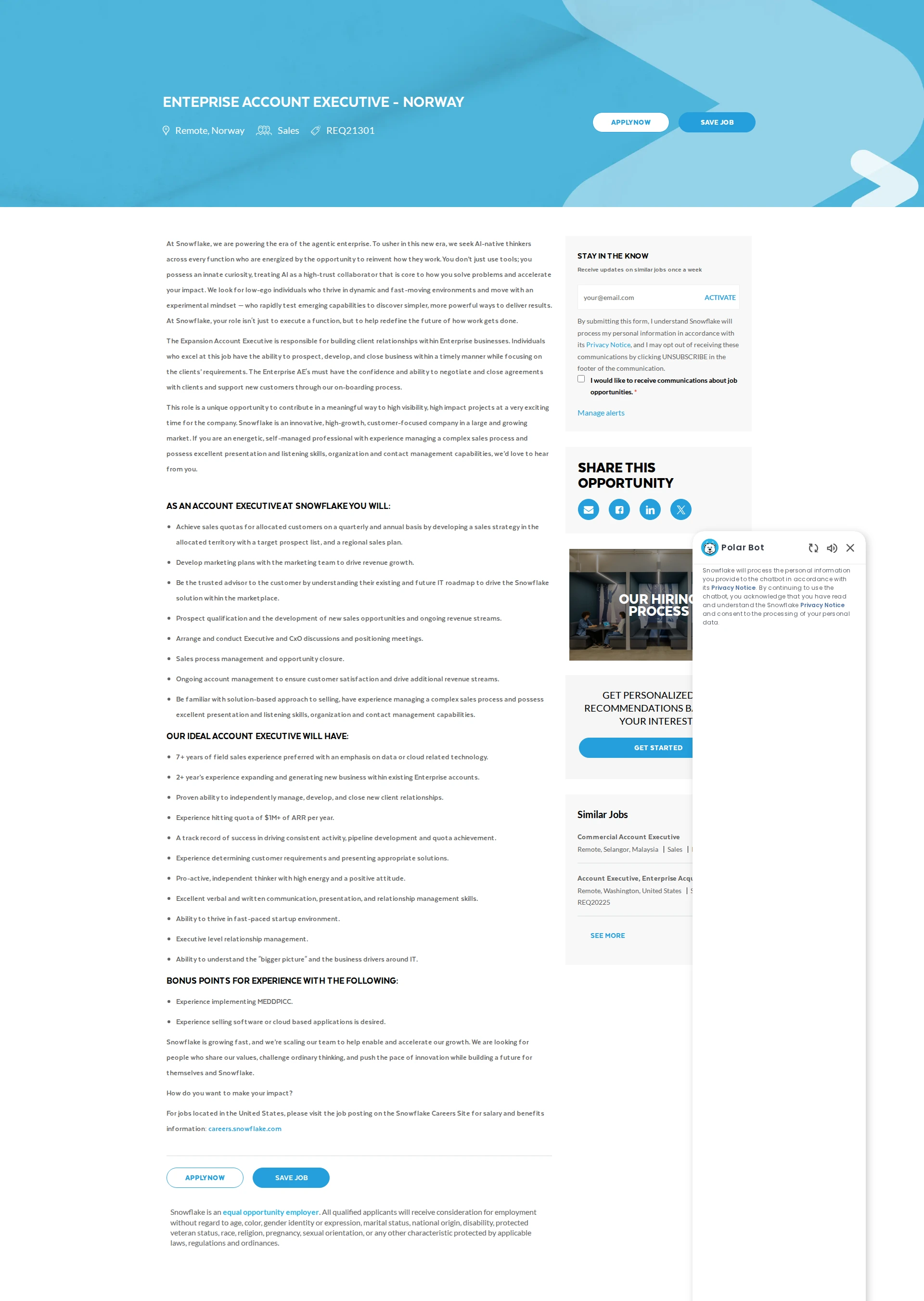 스노우플레이크 Enteprise Account Executive - Norway 채용공고