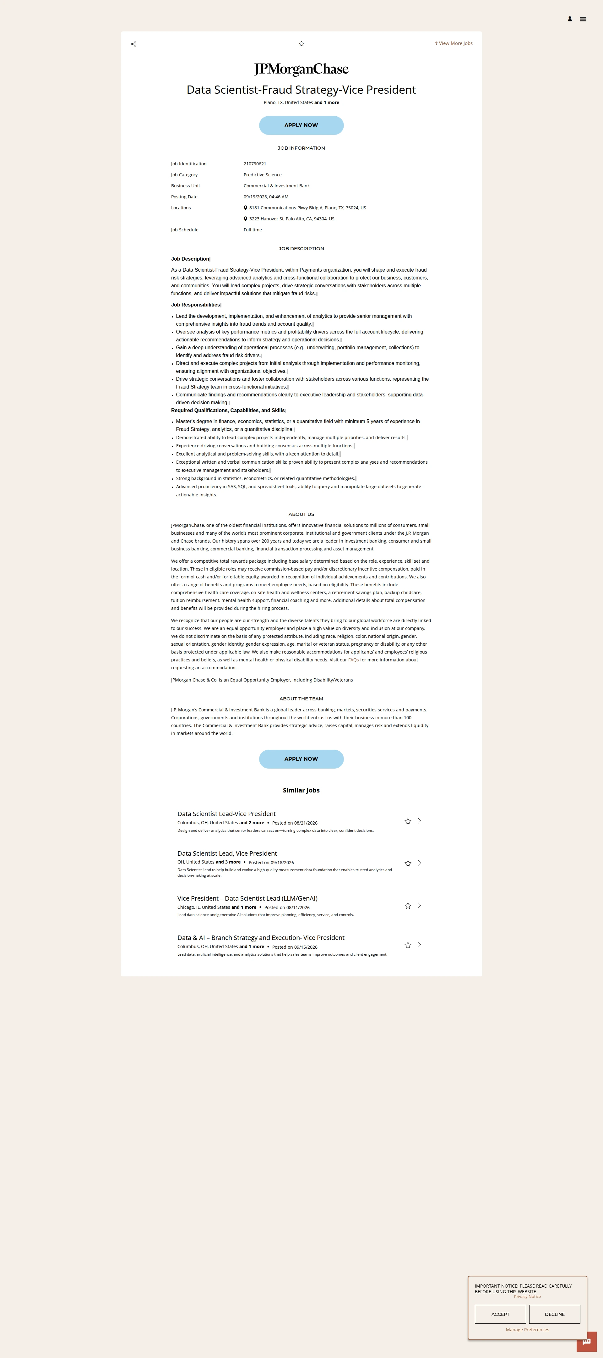 JPMorganChase Data Scientist-Fraud Strategy-Vice President 채용공고