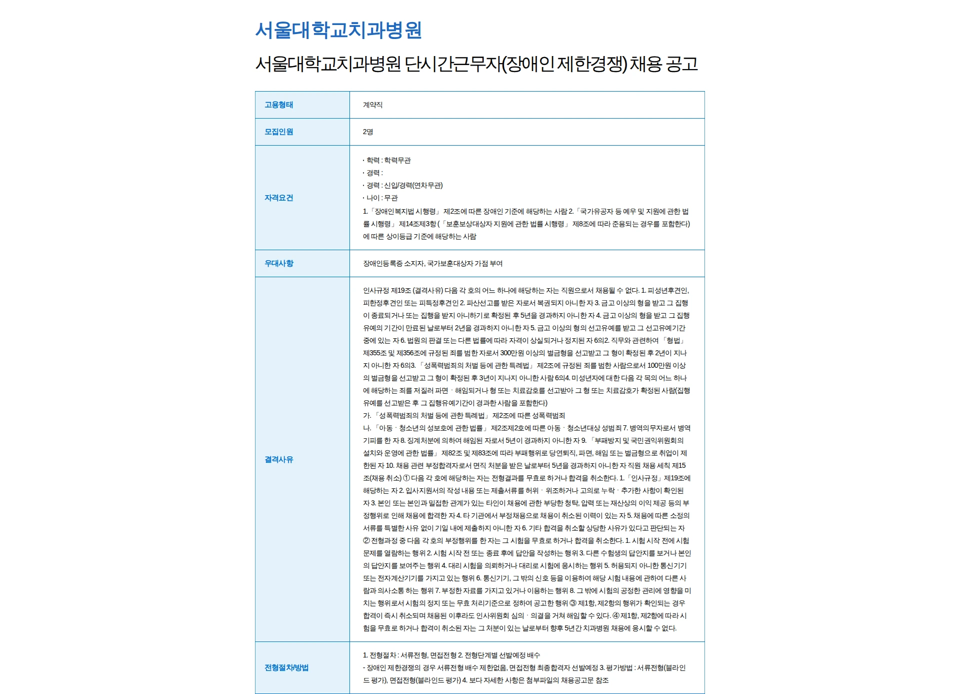 서울대학교치과병원 서울대학교치과병원 단시간근무자(장애인 제한경쟁) 채용 공고 채용공고