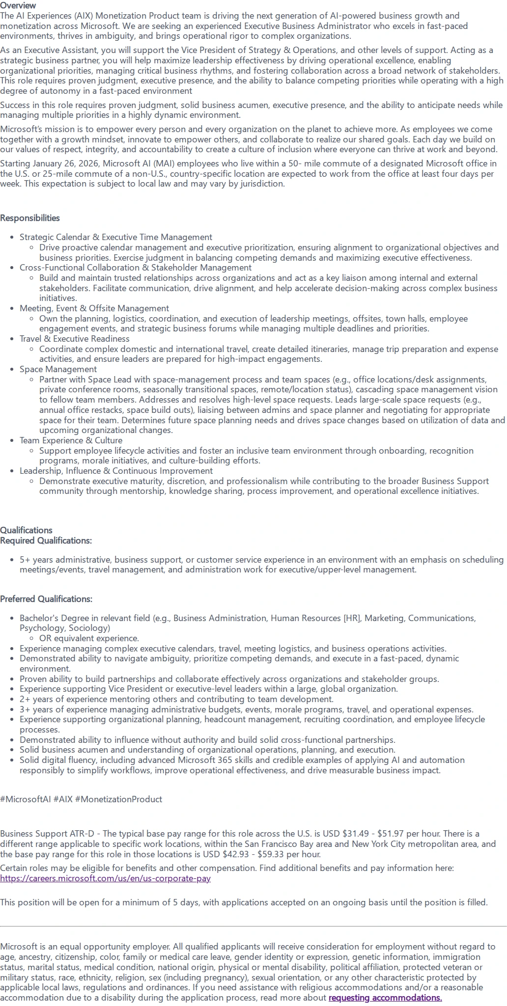 마이크로소프트(Microsoft) Executive Business Administrator 채용공고