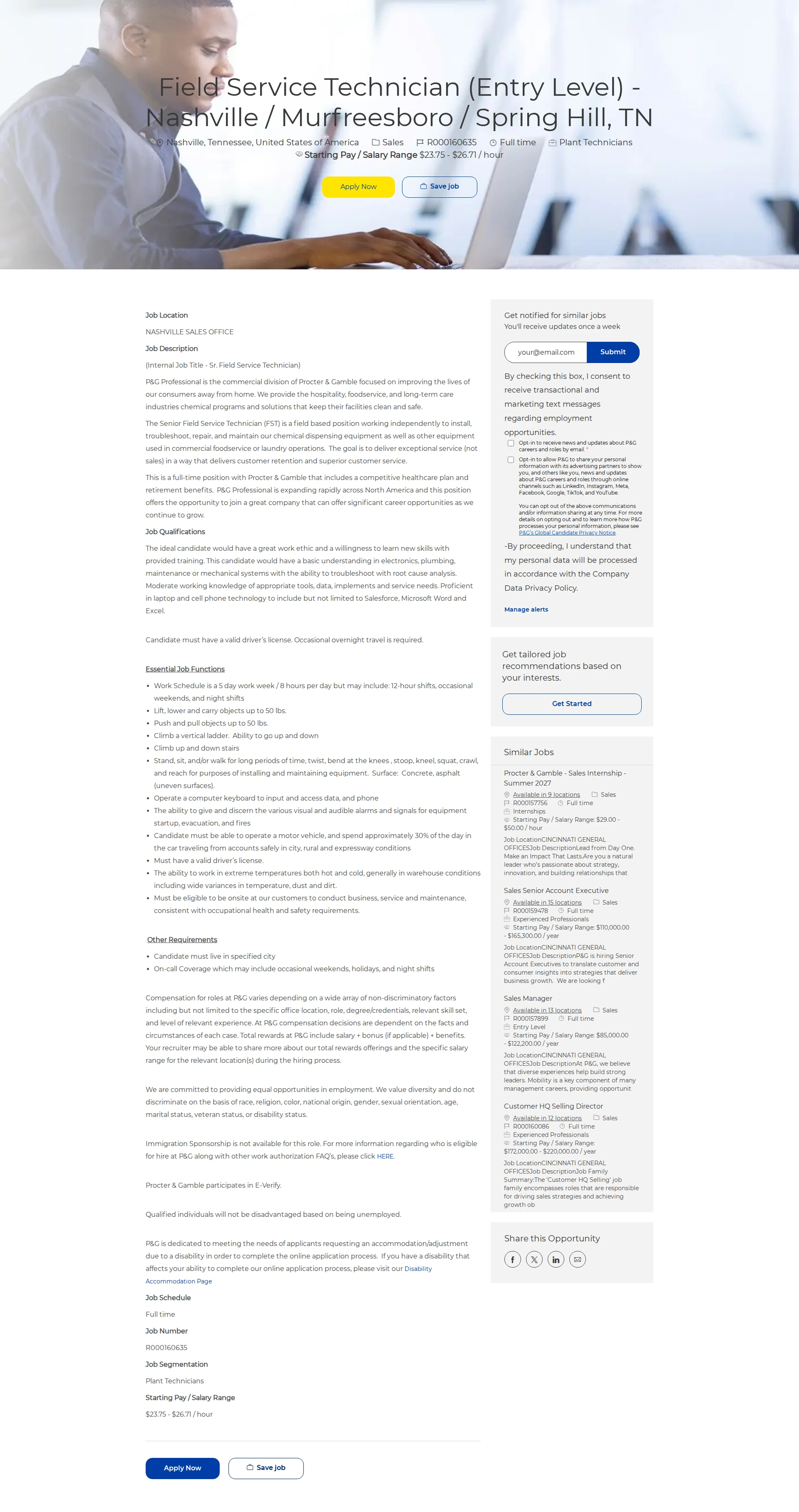 P&G Field Service Technician (Entry Level) - Nashville / Murfreesboro / Spring Hill, TN 채용공고
