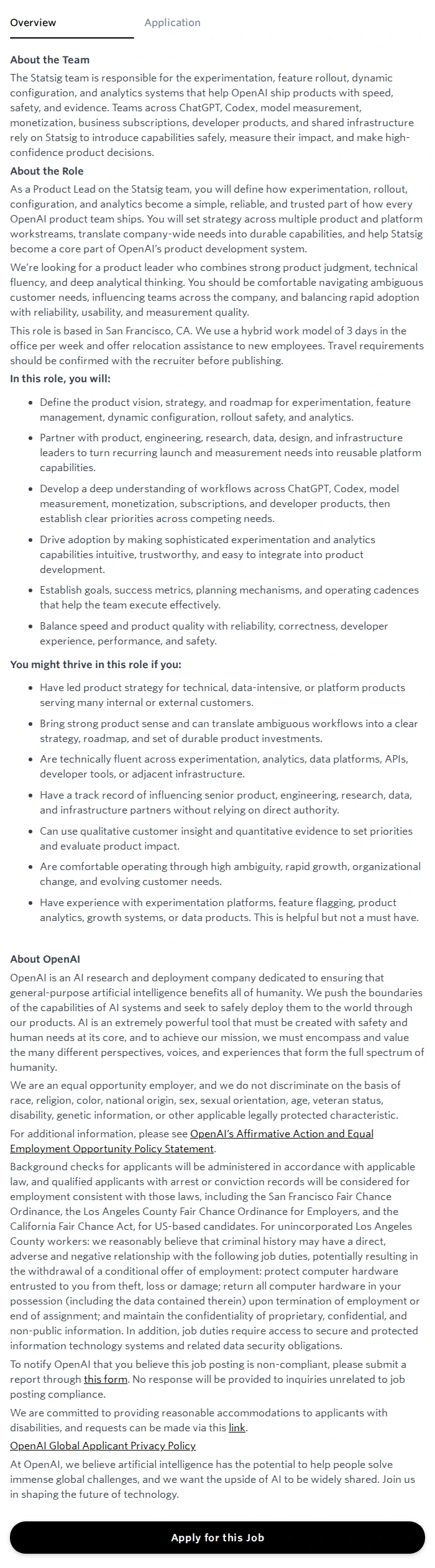 오픈에이아이(OpenAI) Product Manager, Statsig 채용공고