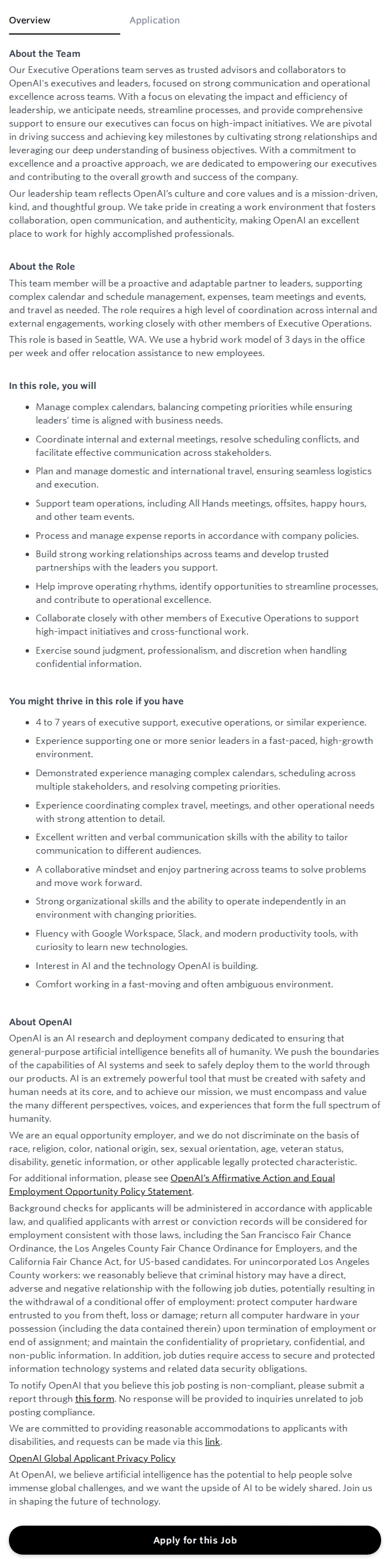 오픈에이아이(OpenAI) Member of Executive Operations, Seattle 채용공고