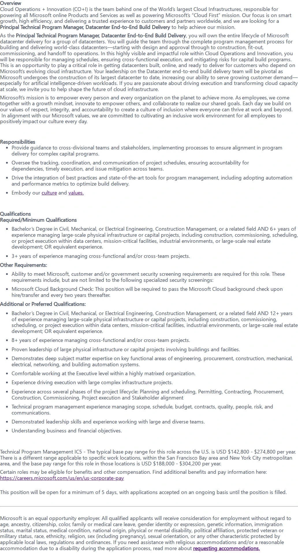 마이크로소프트(Microsoft) Principal Technical Program Manager, Datacenter End-to-End Build Delivery 채용공고