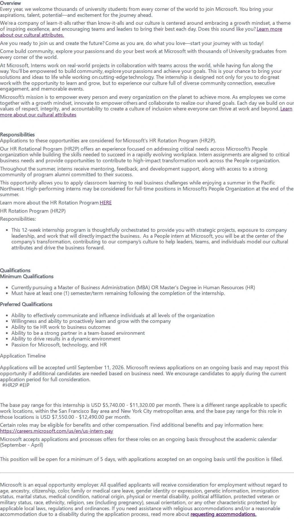 마이크로소프트(Microsoft) HR Rotational Program (HR2P): Intern Opportunities for Master & MBA Students, United States 채용공고