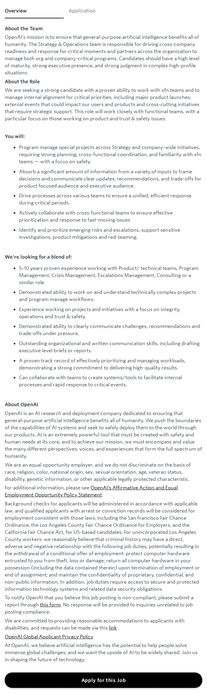 오픈에이아이(OpenAI) Strategy & Operations, Program Manager 채용공고