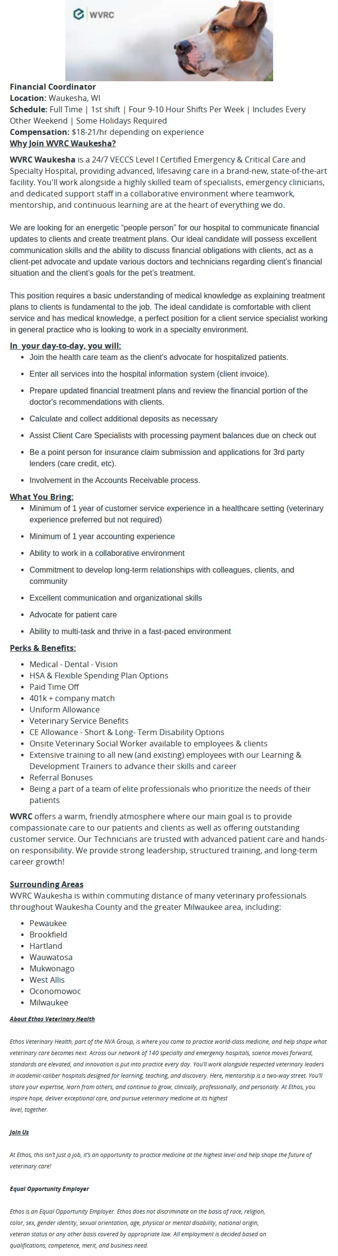 Ethos Veterinary Health Veterinary Financial Coordinator 채용공고