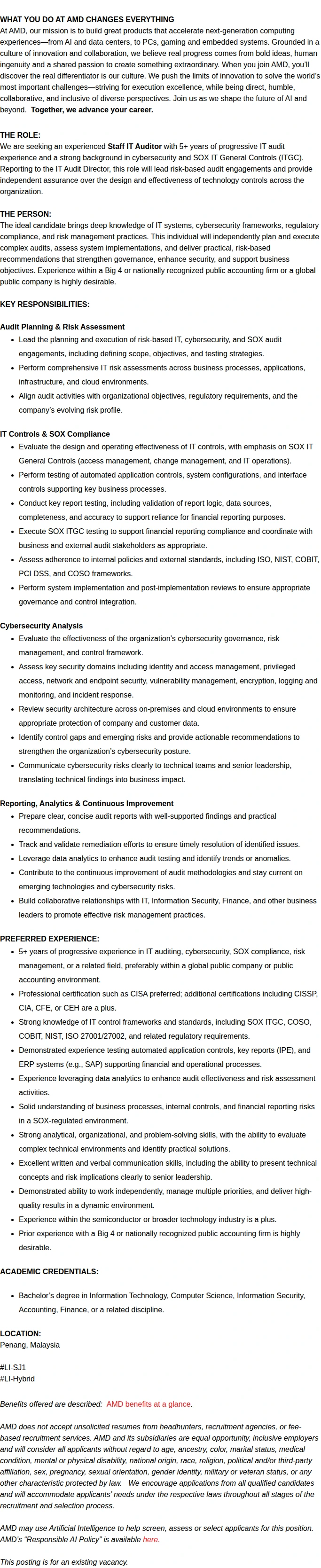 AMD Staff IT Auditor (SOX & Cybersecurity) 채용공고