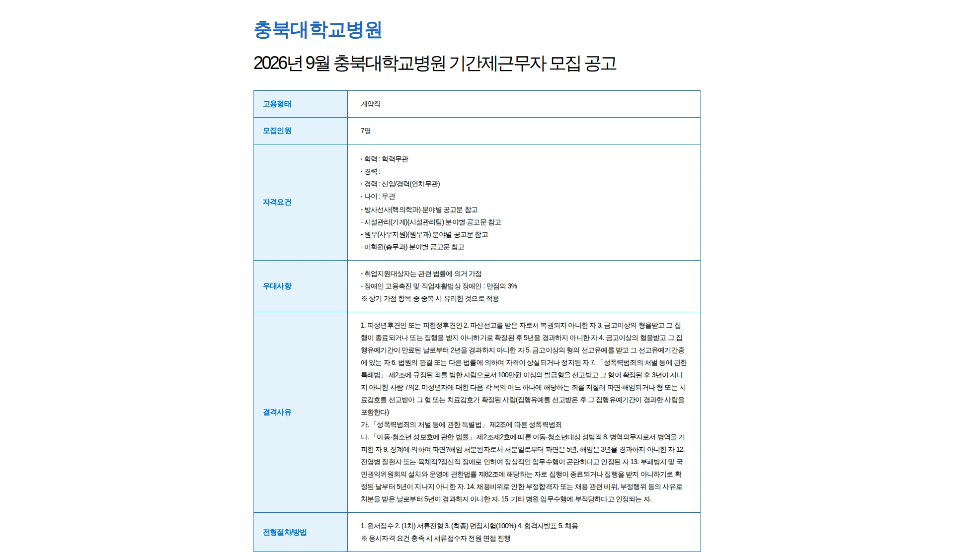 충북대학교병원 2026년 9월 충북대학교병원 기간제근무자 모집 공고 채용공고