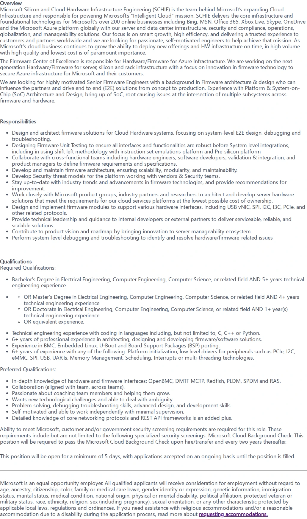 마이크로소프트(Microsoft) Senior Firmware Engineer 채용공고