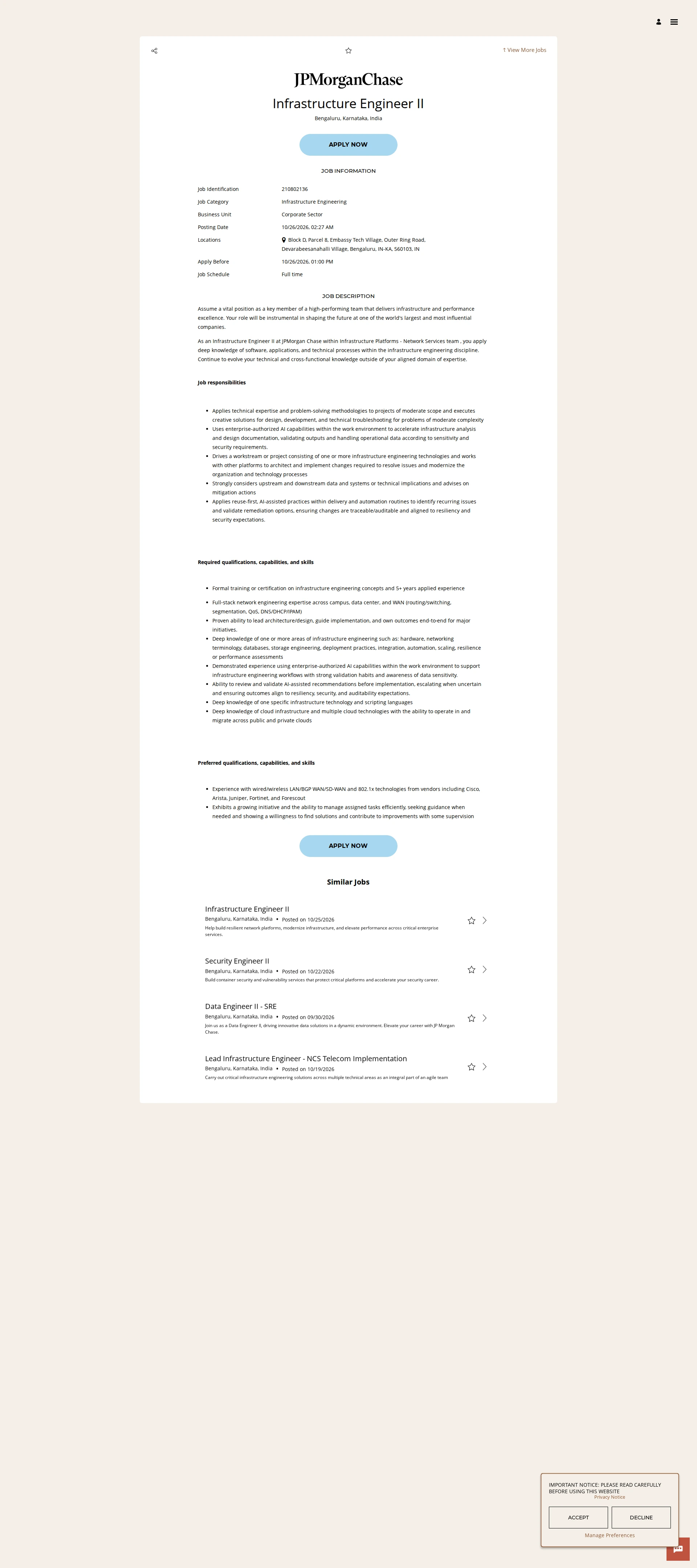 JPMorganChase Infrastructure Engineer II 채용공고