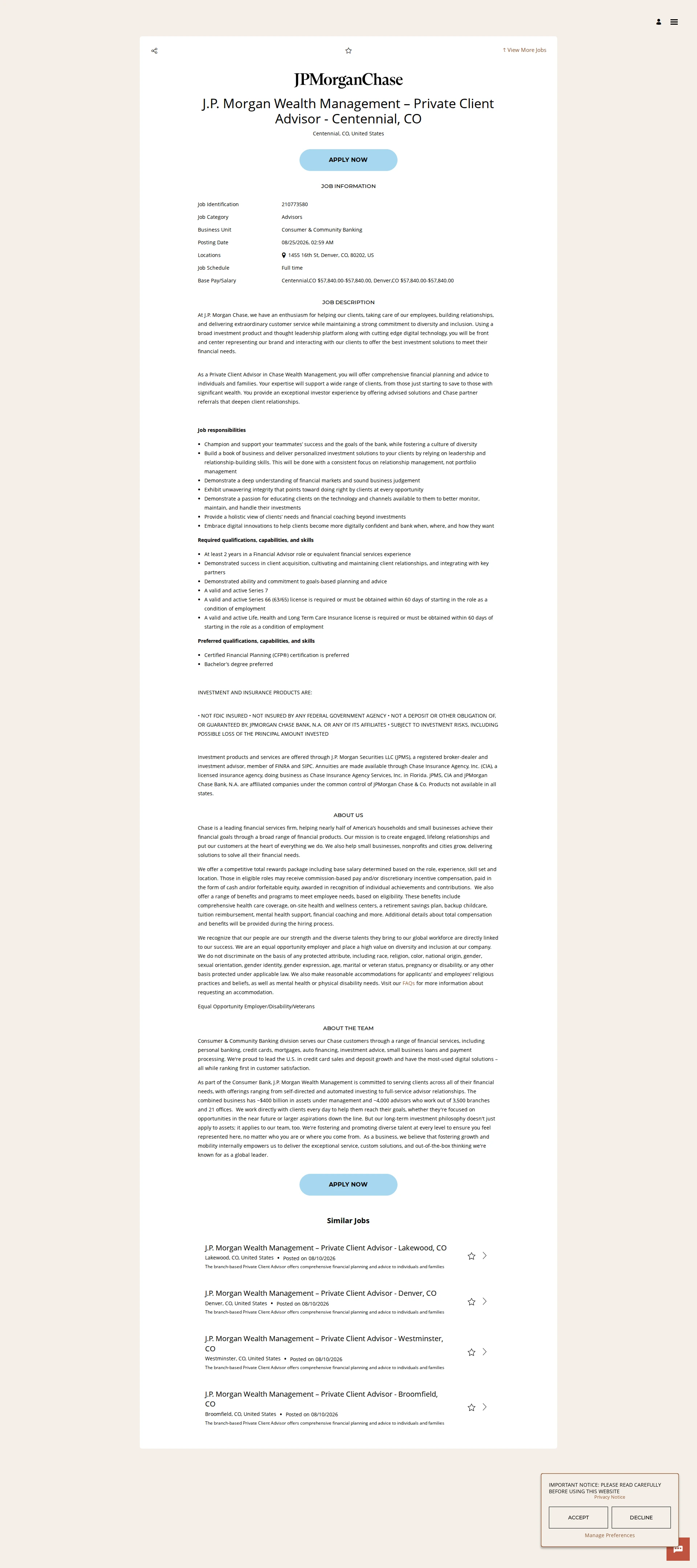 JPMorganChase J.P. Morgan Wealth Management – Private Client Advisor - Centennial, CO 채용공고