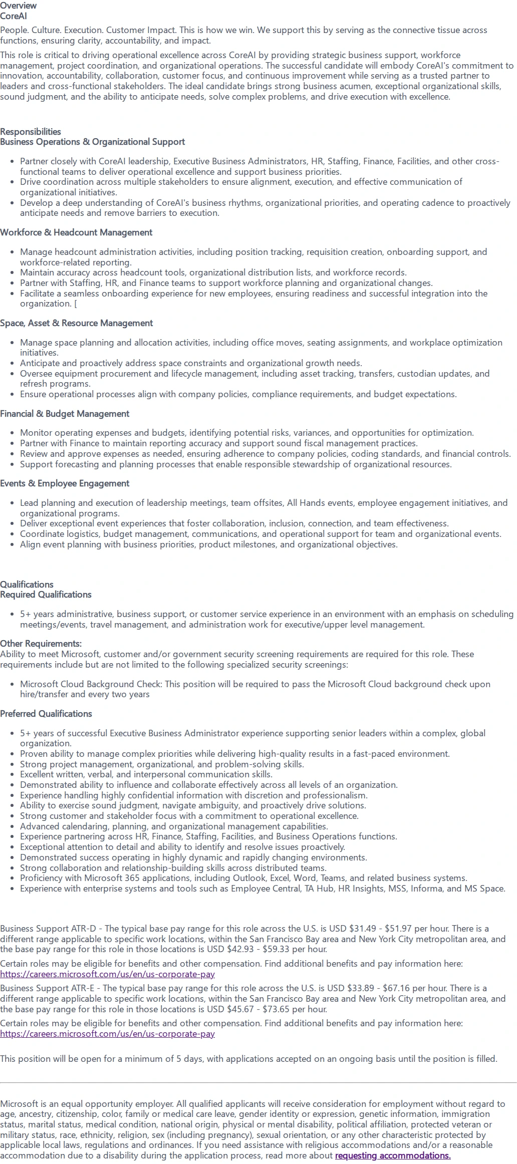 마이크로소프트(Microsoft) Executive Business Administrator, CoreAI 채용공고