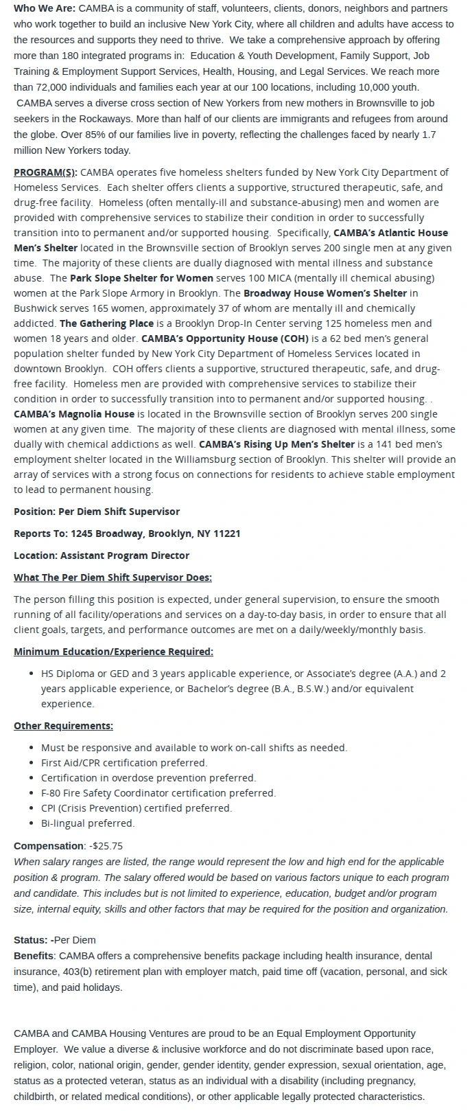 CAMBA Per Diem Shift Supervisor, Broadway House Women's Shelter 채용공고